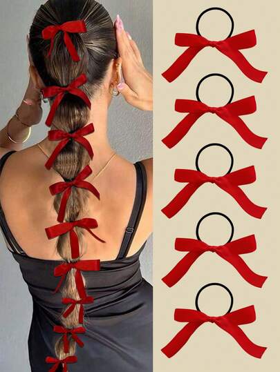 5pcs/Set Cute Red Bow Hair Scrunchies, Suitable For Daily Ponytail, Women Hair Accessories, Recommended Gift, Autumn Outfit, Hair Ties, Hair Bands, Hair Scrunchies, Hair Ties, Gift Head Accessories