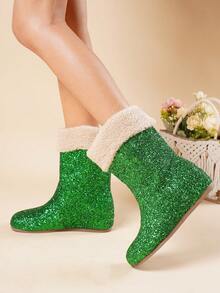 2026 Winter New Fashionable Sequin Thick Sole Wedge Snow Boots For Women, Mid-Calf, Warm Lined, Versatile - Green - View 3