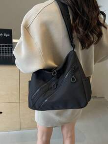 新款女士大容量尼龙单肩包，多口袋个性休闲斜挎包 - 黑色 - 查看 11