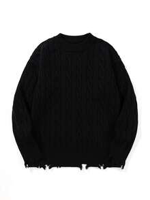 Suéter holgado y casual con cuello redondo, manga larga, rasgado y con flecos, un top versátil de punto de cable para otoño e invierno - Negro - Ver 1