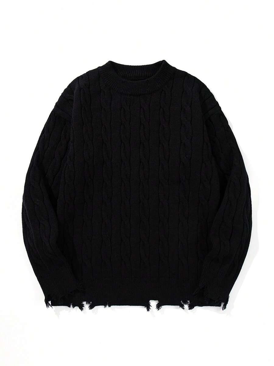 Suéter holgado y casual con cuello redondo, manga larga, rasgado y con flecos, un top versátil de punto de cable para otoño e invierno - Negro - Ver 1