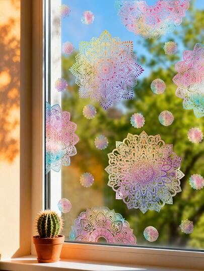 1 Set Mandala Muster Fensteraufkleber - Statische Haftung, ohne Stromversorgung, geeignet für Neujahr und Winter Fenster Dekoration, schöne Frühlings Glas Dekoration