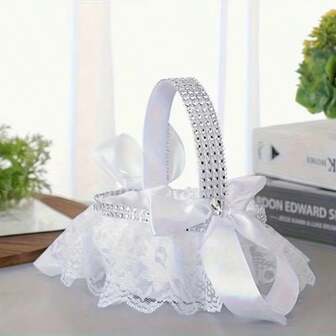 1pc Elegant White Lace Wedding Flower Basket With Bow - Portable Wedding Decor, Bridal Gift, Party Supplies, Handmade Specialty, Wedding Accessory, Suitable For Christmas Use