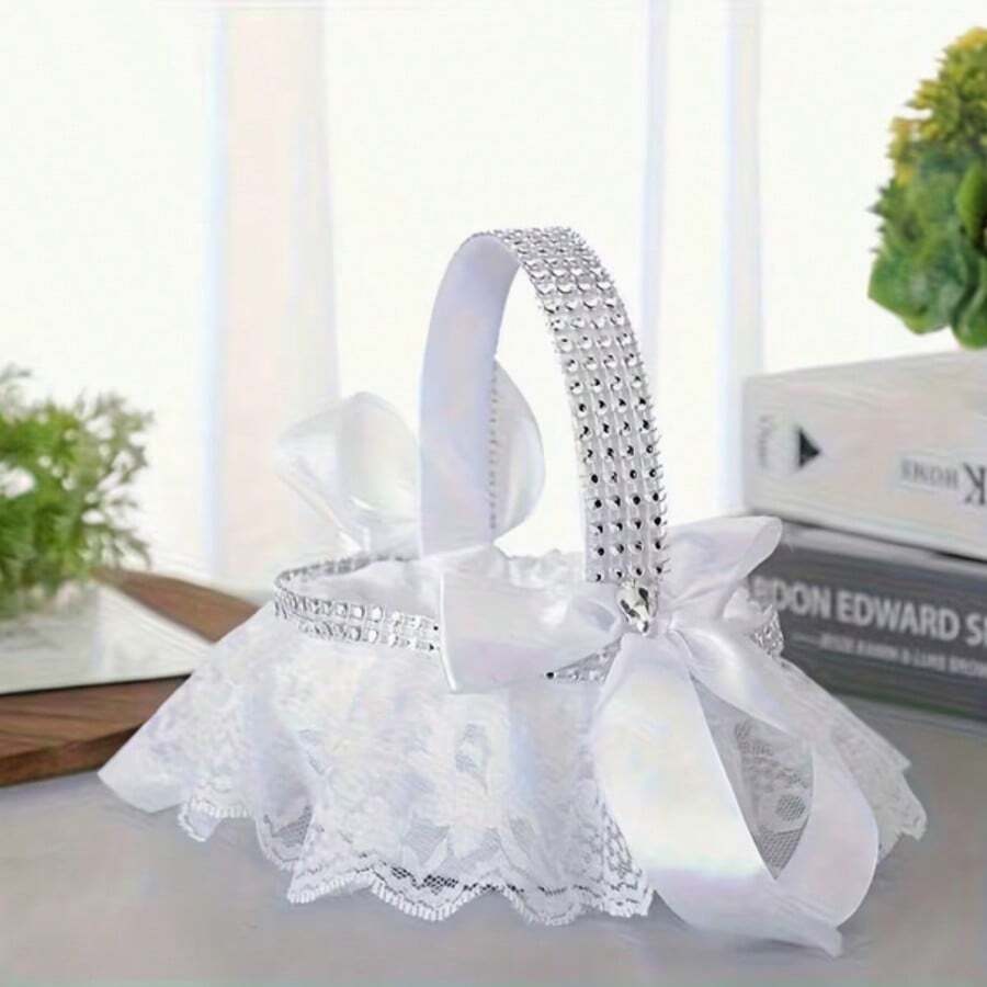 1个优雅白色蕾丝婚礼花篮,带蝴蝶结 - 便携式婚礼装饰、新娘礼物、派对用品、手工特色产品、婚礼配饰,适合圣诞节使用 - 白色 - 查看 1