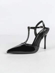 Women's Black Pointed Toe T-Strap Sexy Party Elegant Formal Daily Minimalist Comfortable Versatile Hollow Out Stiletto High Heels - Black - View 6
