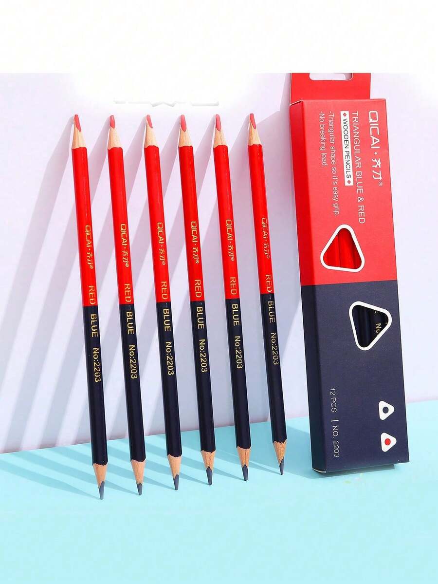 12pcs/Box Triangular Colored Pencils, Red & Blue Double-Ended, For Architecture Drawing, Line Sketching, And Writing - Multicolor - View 1