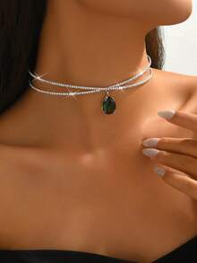 1pc Women's Fashion Luxurious Elegant Rhinestone & Zirconia Crossover Choker Necklace, Suitable For Daily Wear And Parties - Green - View 2