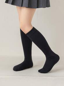 1 par de calcetines de tripulación de unicolor minimalista y transpirables para adolescentes, adecuados para otoño/invierno - Negro - Ver 2