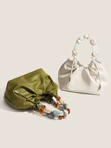 Women's Luxe Green Beaded Pleated Handbag – Elegant Ruched Faux Leather Crossbody/Shoulder Bag, Unique Multicolor Bead Handle Hobo Purse, Ideal For Daily Fashion, Dating, Shopping Trips, Brunch & Weekend Gatherings,  Accessory With Spacious Interior - 彩色 - 查看 6