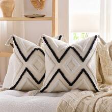 1 cái/2 cái Vỏ gối chần bông họa tiết lưới kẻ sọc hình học móc tua rua Vỏ gối trang trí nhà trang trí cho ghế sofa, 45X45CM, Vỏ gối 45*45cm - Đen và trắng - Xem 6