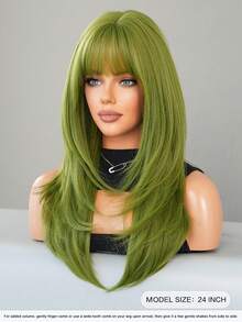 7JHH WIGS 24-Inch Long Layered Green Wig With Bangs, Made Of Soft Heat-Resistant Synthetic Fiber, Suitable For St. Patrick's Day Parties, Cosplay, Halloween, Music Festivals And Other Occasions - Grass Green - View 4