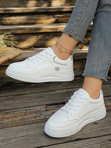 新款女士白色休闲运动鞋，轻便、软底、稳固、厚底、低帮系带圆头，运动鞋，时尚校园风跑步鞋 - 灰色 - 查看 3