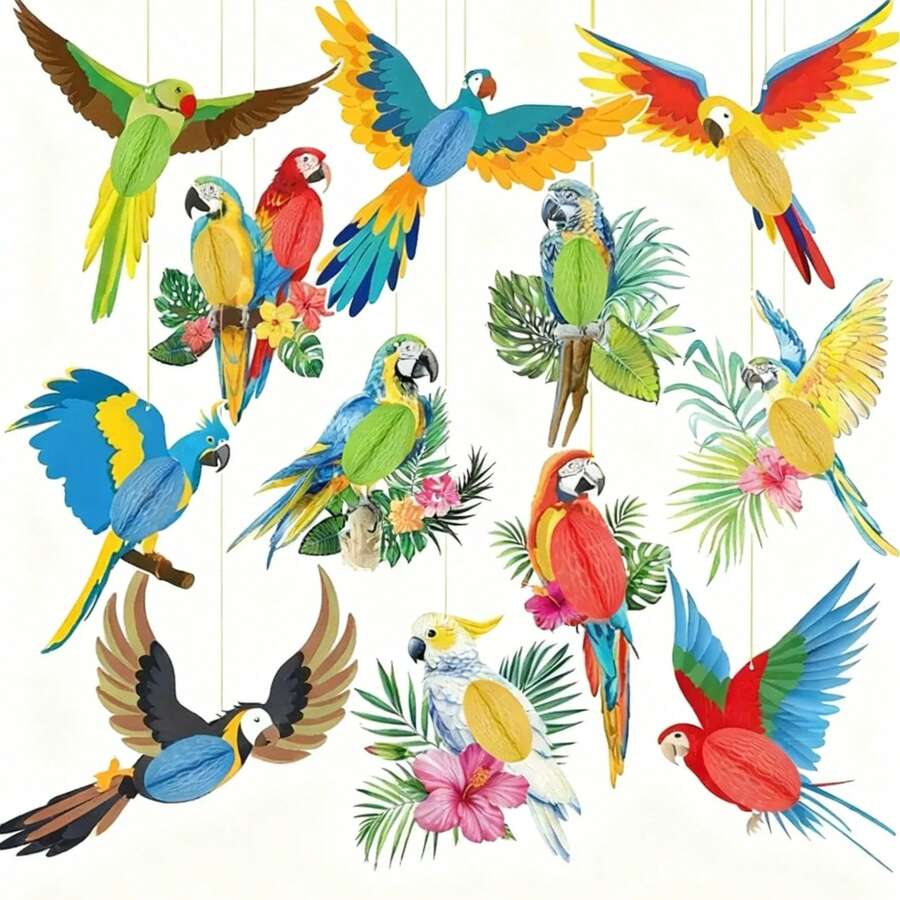 12 قطعة ديكورات معلقة على شكل خلية نحل بطائر البغبغاء الاستوائي، مستلزمات حفلة ذات طابع هاواي