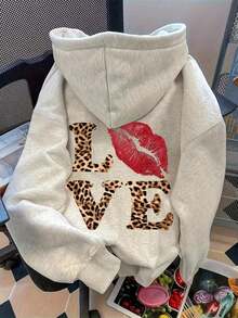 Winter Clothes For WomenL LOVE VE Leopard Print Heart Letter Pattern Casual Pullover Hoodie For Women, Solid Color Long Sleeve Pocket Dropped Shoulder Sweatshirt, Fall Clothes For Women Back To SchoolLoose And Comfortablehoodie Christmas Sweatshirt - 淺灰色 - 查看 7