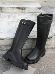 女士舒适低跟中筒靴，厚底圆头黑色真皮长靴，纯色骑马靴，侧拉链和搭扣设计，适合秋冬季节，可搭配裤装，适合派对和其他场合，大码尺码