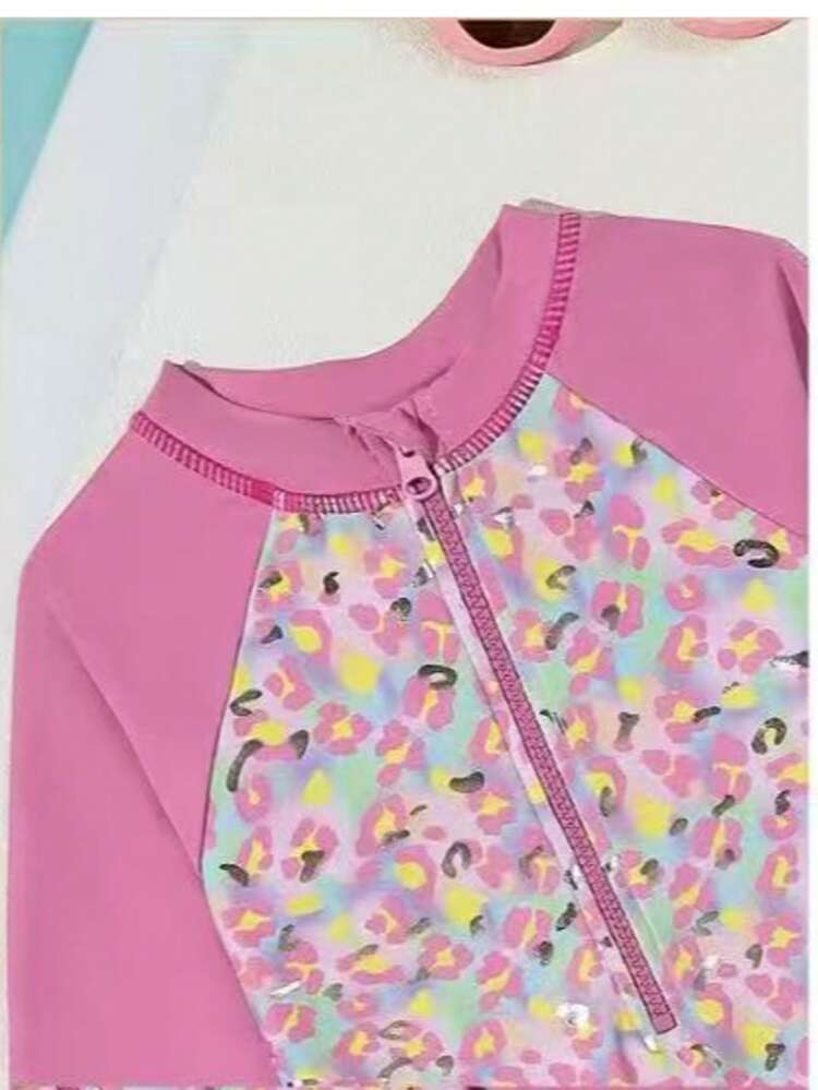 One-Piece Swimsuit With Raglan Sleeves, UV50+ Sun Protection, And Print For Pre-Teen Girls. - Pink - View 2