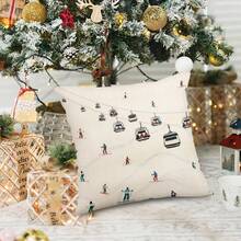1pc Winter Skier & Cable Car Scenery Printed Pillowcase, Holiday Decor Cushion Cover, Suitable For Living Room Sofa Indoor/Outdoor Decoration, Linen-Like Fabric, Single-Sided Print, Pillow Insert Not Included - Beige - View 4