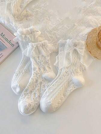 1/3 Double Texture Lace Embellished Socks, Lovely And Soft Socks For Women's Mid-Tube Socks