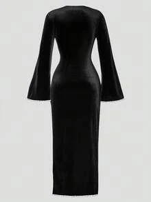 Women's Solid Color Sexy Deep V-Neck Long Sleeve Split Hem Contrast Trim Maxi Party Dress, Winter Evening Party Black Spring Elegant - Black - View 6