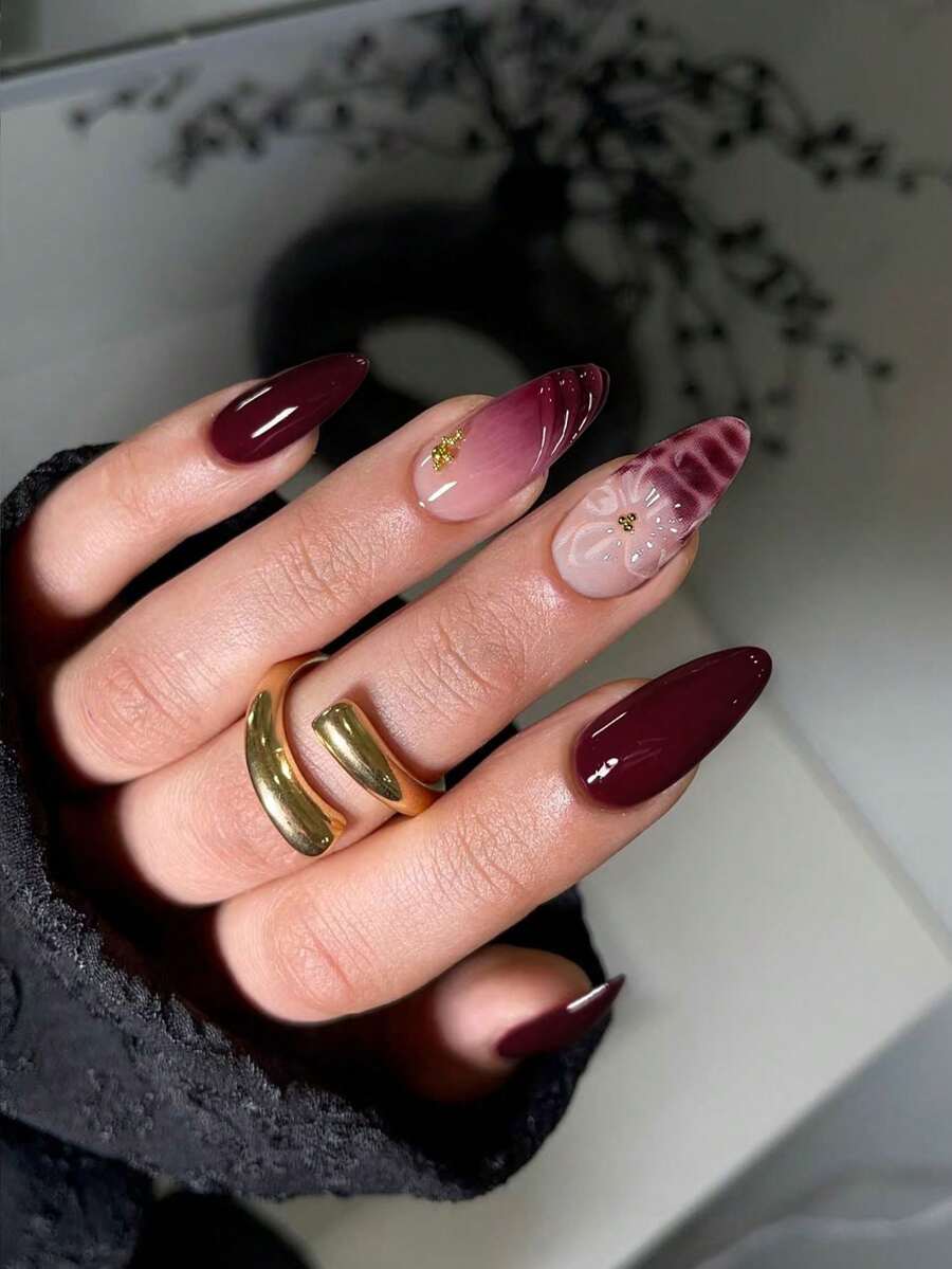 24pcs Almond-Shaped 3D Gel Nail Stickers, Floral Nail Art Design, French Tip Style, Medium-Sized Metallic Cross Decor, Faux Pearl Accent, Perfect For Acrylic Nail Tips, Includes: 1pc Jelly Gel & 1pc Nail File, Leopard Print & French Manicure, Suitable For Women's Daily, Holiday Party, Etc. Nails Nail Supplies - Burgundy - View 1
