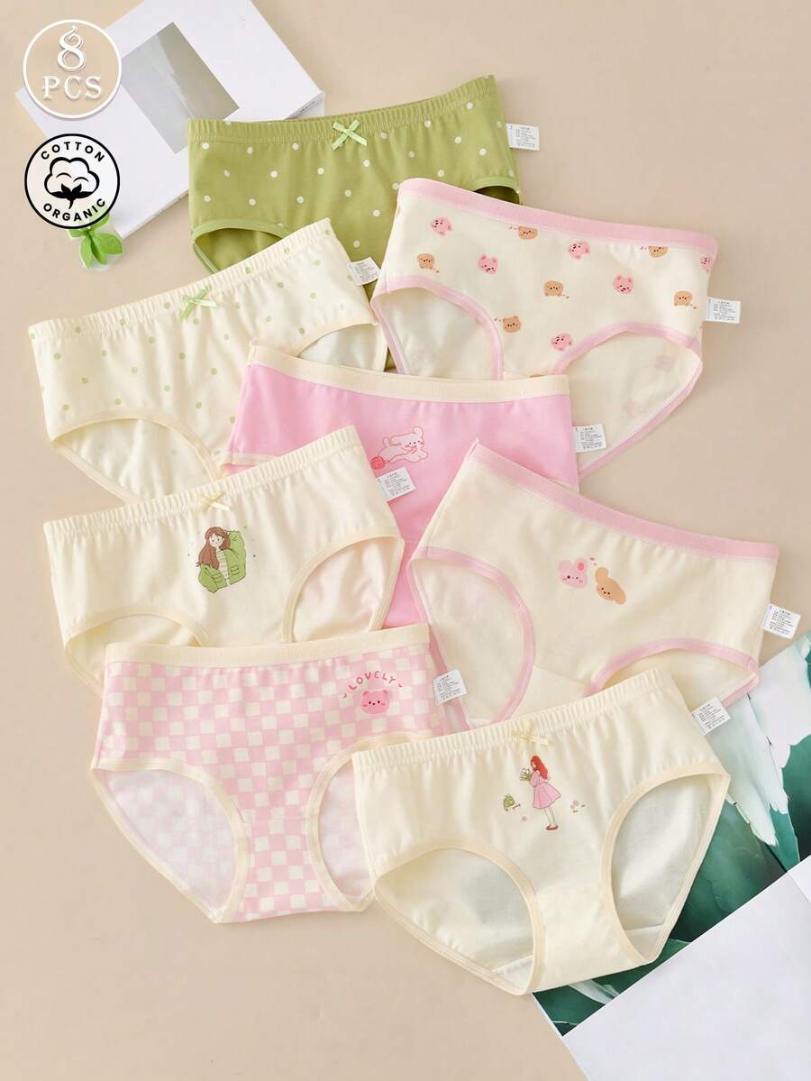 8pcs Girls' Underwear, 95% Cotton Soft & Breathable Cute Style Panties For Little Girls
