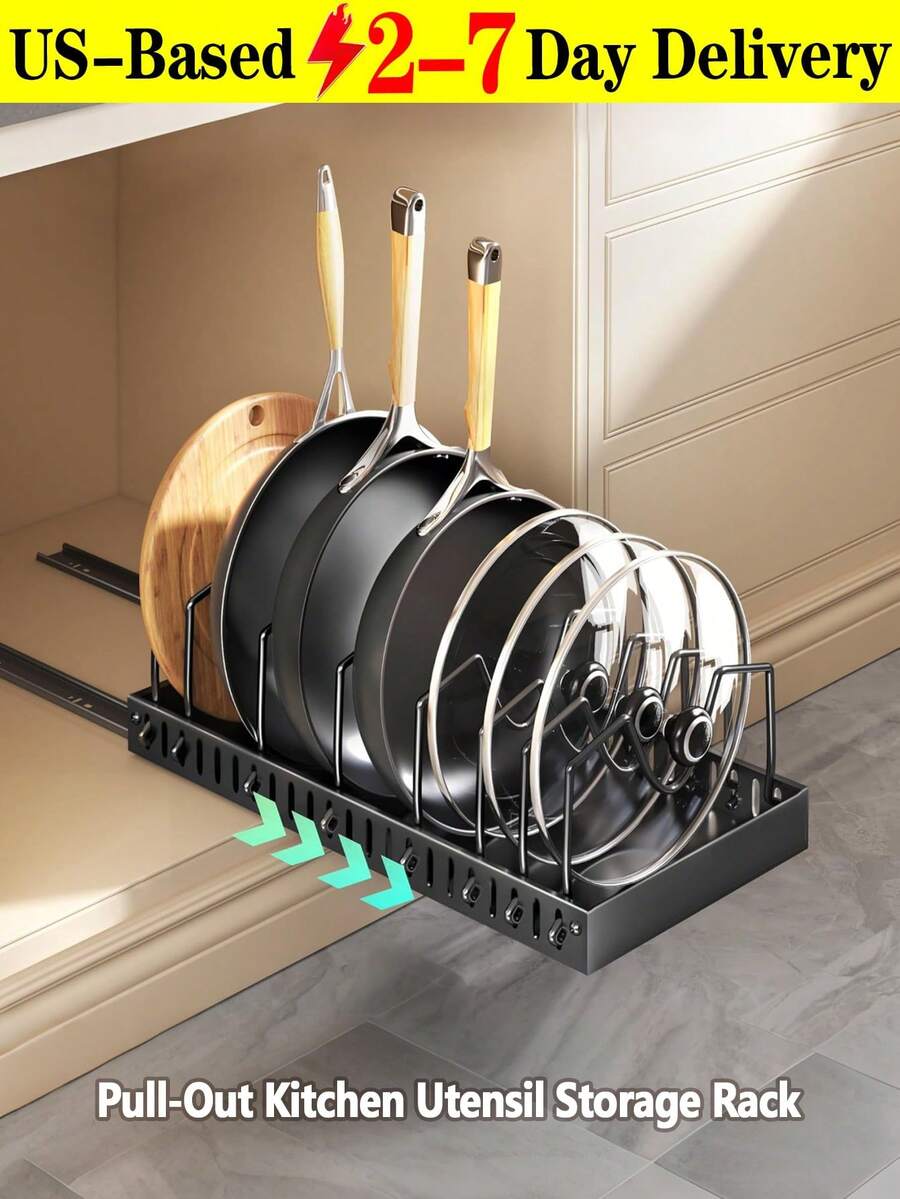 [US-Based Shipping]1pc Black Under-Cabinet Pull-Out Pot & Pan Storage Rack With Sliding Lid Holder And Pot Rack, Kitchen Lid Storage Rack, Adjustable Cookware Holder, Pot Rack Countertop Cabinet Dishware Tray, Pull-Out Storage Rack, Tiered Shelf, Multi-Level Countertop Pot Lid Holder, Under-Cabinet Pot And Pan Storage Rack, Sliding Pot Lid Holder And Cookware Rack, Pull-Out Pot And Pan Storage Rack, Kitchen Pull-Out Dish Drainer, Storage Rack, Plate Holder, Carbon Steel Shelf, Countertop Dish Rack, Large Capacity For Pots, Lids, Baking Tools, Tableware, And Cookware. Slides Into Cabinet For Storing Pots, Lids, Baking Tools, And Tableware. 8 Adjustable Shelves. - Nhiều màu - Xem 1