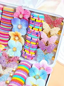 191件/套可爱多巴胺发饰套装，包含蝴蝶结、花朵、印花蝴蝶结和其他可爱元素 - 适合女孩和女士，满足日常、派对和其他场合的造型需求，发型套装，头部饰品 - 彩色 - 查看 5