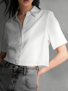 女士不对称纽扣装饰短袖休闲衬衫、时尚日常穿着、短袖上衣 - 白色 - 查看 6