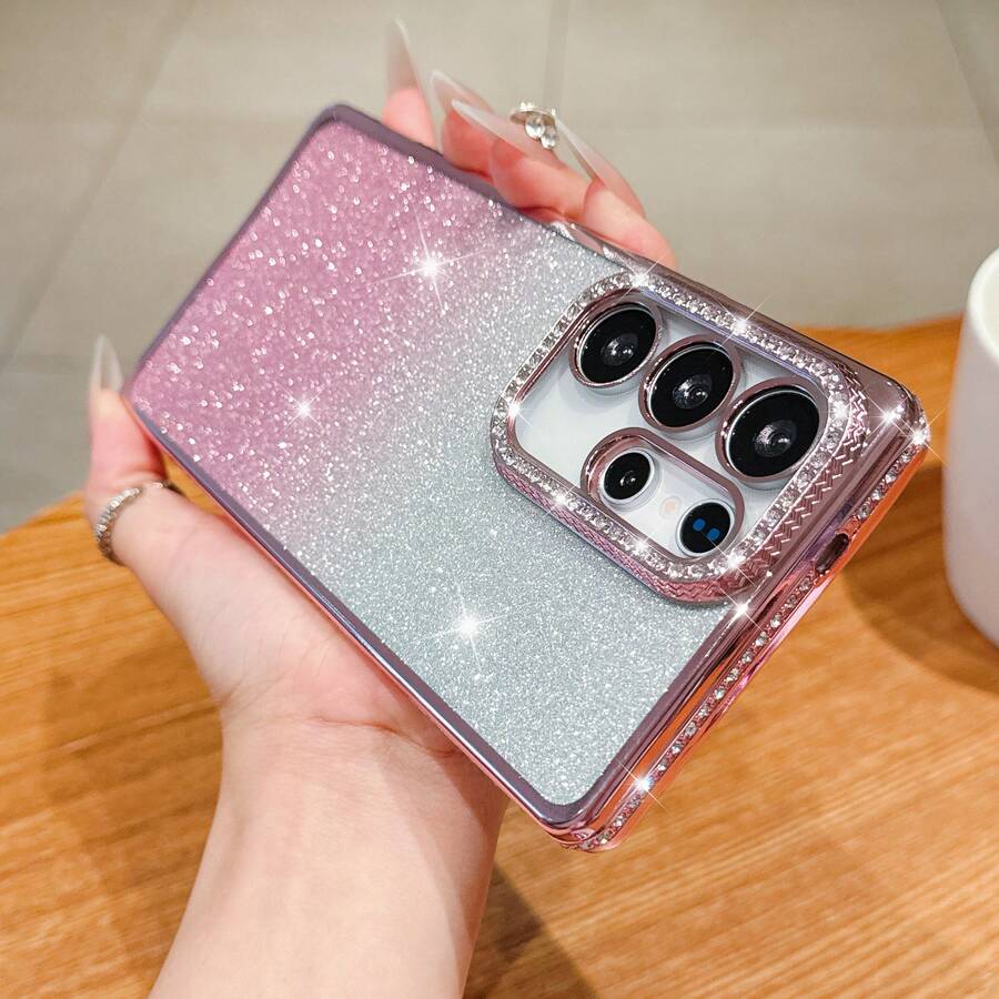Funda de teléfono plateada con efecto bling y degradado, compatible con Samsung Galaxy, Honor, OPPO, Redmi, Infinix y talla grande modelos