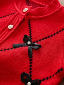 2pcs Girls Bow Decor Knitted Cardigan Sweater & A-Line Skirt Set, Elegant Fashion Cute, Round Neck Long Sleeve Warm Top & Skirt, Collegiate Style, Autumn/Winter - Red - View 3