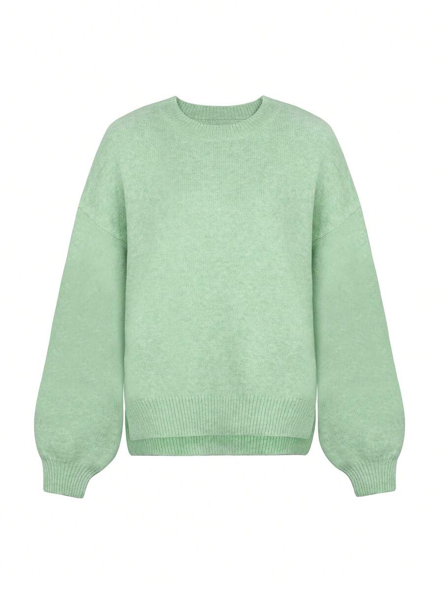 Ladies' Plain Loose Fit Crew Neck Long Sleeve Knitted Sweater - Asakusa Green - View 1