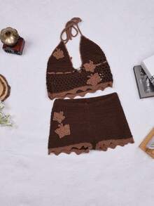 Yuwenier Y2K 波西米亚风 V 领串珠刺绣蝴蝶装饰镂空露背钩针吊带背心搭配低腰修身针织短裤两件套，适合骄傲游行、海滩度假等场合。夏季服装 - 棕色 - 查看 7