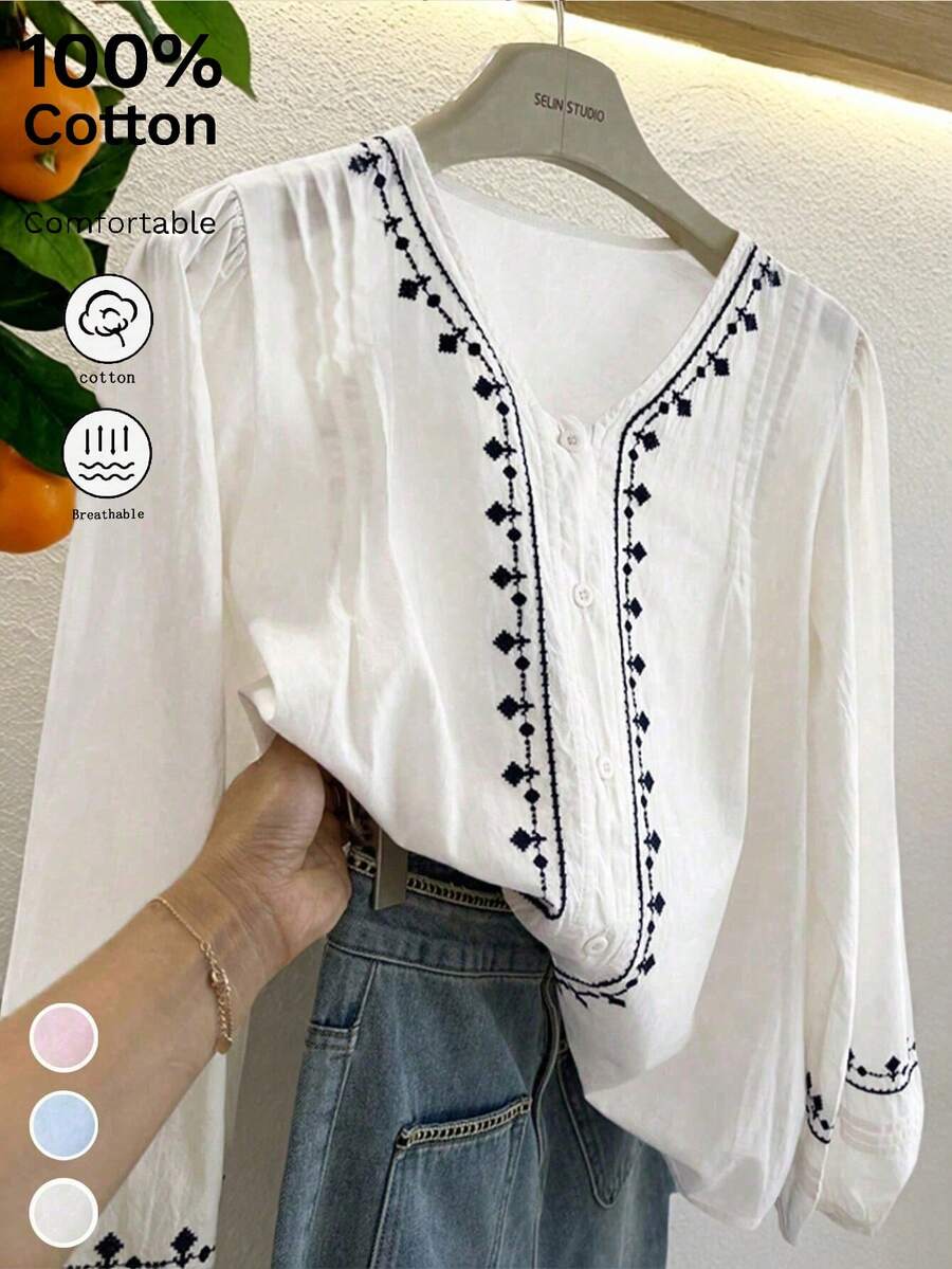 Damen Vintage bestickerte, weite Boho Bluse, halbtransparente Baumwoll-Lässig-Tops für Frühling und Herbst, Weißes Hemd, Weiße Bluse