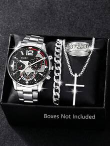 This Fashionable Men's Quartz Watch Set Includes 1 Necklace, 1 Bracelet, And 1 Ring, Featuring A Calendar Function, A Zinc Alloy Case, A Round Dial, And Electronic Hands. It Is A Perfect Choice For Daily Wear, And Also An Ideal Gift For Birthdays, Parties, And Holiday Gatherings - To Treat Yourself Or Give To Friends. (Gift Box Not Included) - Silver - View 4
