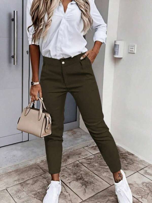 Pantalon grande taille pour femmes, couleur unie, élastique, longueur cheville, avec poches, fermeture éclair et bouton. Convient pour le casual et le bureau. Adapté pour le printemps, l'automne, l'hiver, les déplacements, le quotidien, les vacances, Noël. Polyvalent.