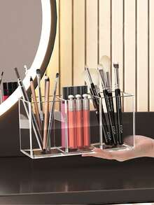 1/2/3 Compartment Makeup Brush Holder, Pencil Organizer, Compact And Portable Transparent Acrylic Material. Suitable For Storing Nail Brushes, Hairbrushes, Lip Liners, Etc. Perfect For Bathroom Countertops, Dressing Tables, And Office Desks. - Multicolor - View 1