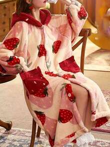 Strawberry Print Hooded Casual Robe, Christmas Gift Long Sleeve Warm Wool Thick Button Casual Loungewear With Pockets, Women Pajama Set, Essential For Winter - Multicolor - View 3