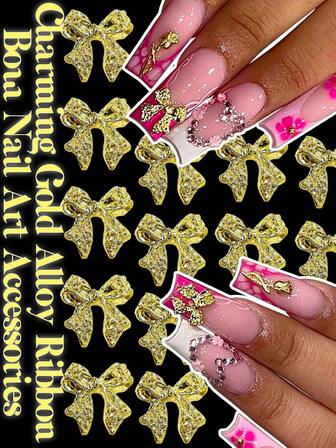 Set de 10 decorațiuni pentru unghii cu panglică din aliaj de aur, stil Y2K, pietre prețioase 3D pentru unghii, accesorii pentru unghii înstelate japoneze, farmec sexy, decor pentru unghii DIY lucrat manual, decor pentru bijuterii pentru husa de telefon, cadou pentru accesorii pentru unghii, pietre și decorațiuni