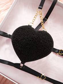 Bộ quà tặng Ngày Valentine 2 món dành cho nữ, bộ đồ lót gợi cảm, dây đeo có thể điều chỉnh, khóa cài đôi, dây xích kim loại, áo ngực và thắt lưng hình trái tim bằng nhung, quần lọt khe dây xích kim loại, bộ đồ lót gợi cảm thoải mái màu trơn, bộ bikini 3 món. - màu đen - Xem 4