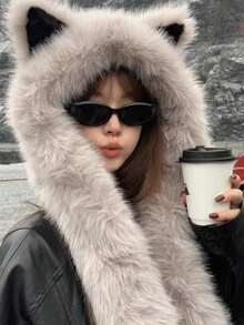 1pc Stylish Faux Fur Fox Ear Neck Warmer Hat, Women Winter Warm Windproof Trapper Hat, Ski Cap - 灰色圍巾- - 查看 6