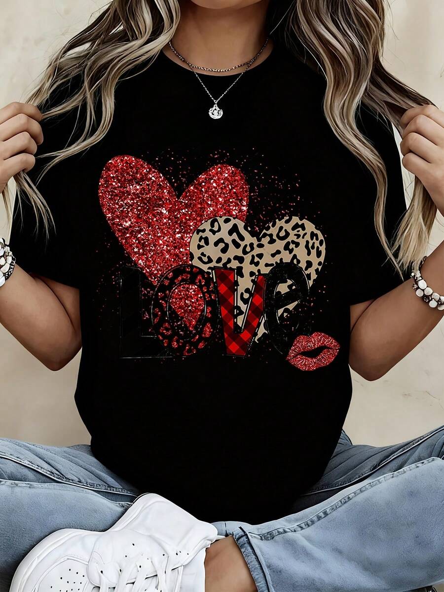 Love Heart Leopard Print Glitter T Shirt Women Fashion Graphic Tee Valentine Gift Top - 黑色 - 查看 1