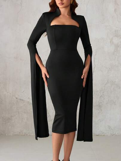 1pc Stand Collar Long Sleeve Split Hem Solid Color Casual Dress, Minimalist Fashion For Everyday Wear, Party Dress, Wedding Guest Cocktail Dress