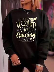 Women Round Neck Long Sleeve Sweatshirt Wizard In Training Owl And Stars Print Casual Wear For Halloween And Wizard Themed Events - 黑色 - 查看 2