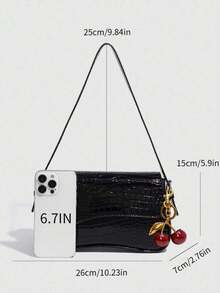 1pc Women's Faux Leather Shoulder Bag, Black Crocodile Embossed Square Bag, Versatile Patent Leather Wallet, Y2K Style Crossbody/Underarm Bag, Fashion Shoulder Bag With Cherry Pendant