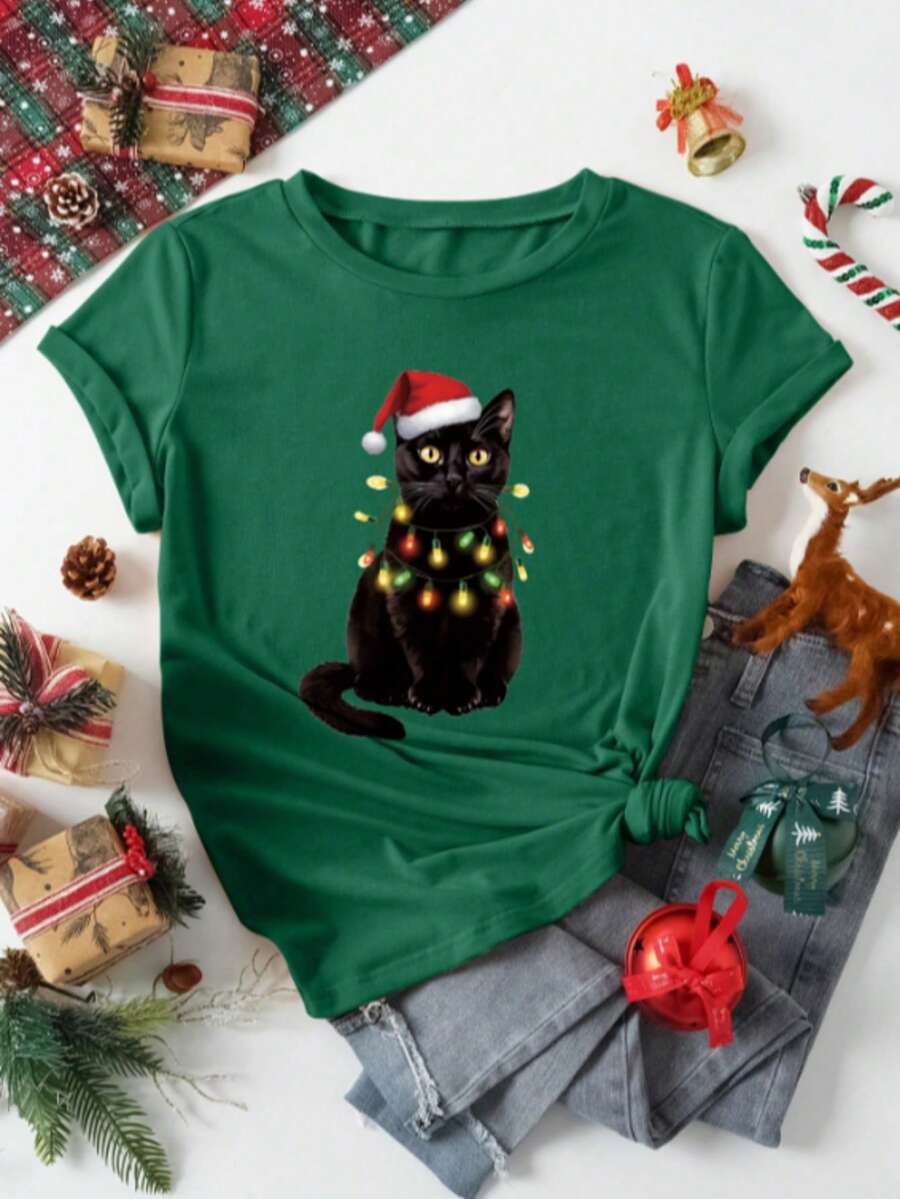 Christmas Holiday T-Shirt With Festive Cat Print, Comfortable Crew Neck Design, Suitable For Parties And Outdoor Activities, An Excellent Gift For Cat Moms - Green - View 1