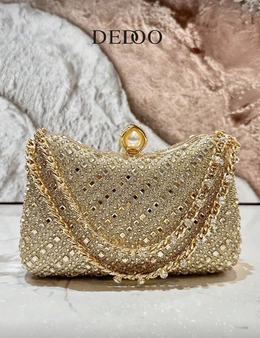 1pc Luxury Shiny Gold Rhinestone Ladies Evening Bag Women's Party Ball Wedding Diamond Elegant Clutch Bag Chain Dinner Bags Clutch Bag For Women Wedding, Perfect For Party, Wedding, Prom, Dinner/Banquet - 金色 - 查看 1