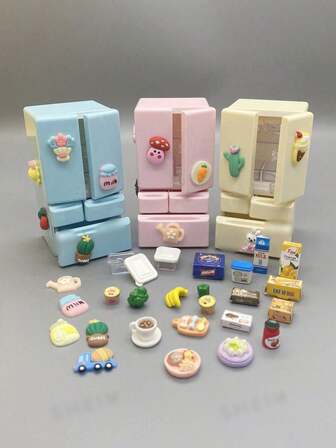 1个高度逼真的迷你双门冰箱，盒装，精细厨房场景，青少年创意爱好玩具，家用电器模型，装饰配件，采用优质ABS塑料制成，3种颜色可选，迷你冰箱玩具，迷你玩具食物