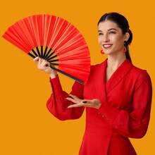 Red Hand Fan Men Women Large Folding Hand Fan Rave Clack Handheld Fans Tai Chi Nylon Cloth Kung Fu Fans EDM Club Party Dance Performance Role Playing Concerts Supplies - Red - View 8