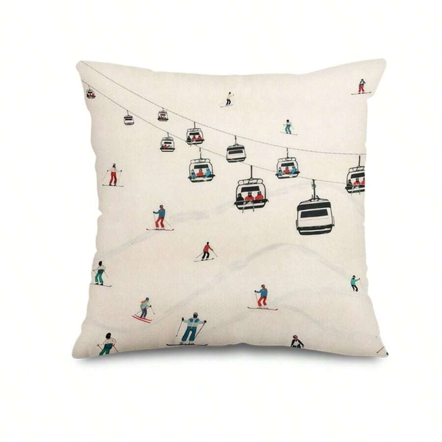 1pc Winter Skier & Cable Car Scenery Printed Pillowcase, Holiday Decor Cushion Cover, Suitable For Living Room Sofa Indoor/Outdoor Decoration, Linen-Like Fabric, Single-Sided Print, Pillow Insert Not Included - Beige - View 1