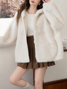 Thickened Short Hooded Faux Mink Fur Fabric - White - View 3